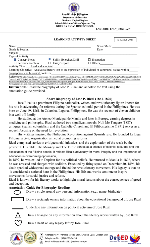 Jose Rizal Biography Analysis: Learning Activity Sheet