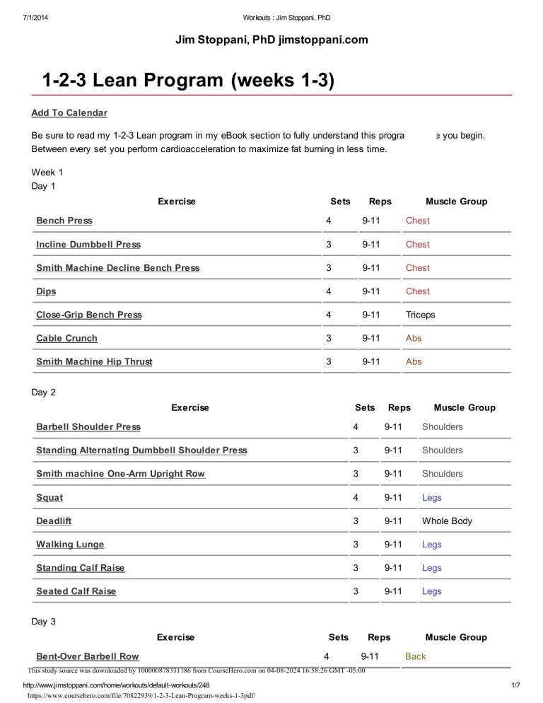 Jim Stoppani's 1-2-3 Lean Workout Program (Weeks 1-3)