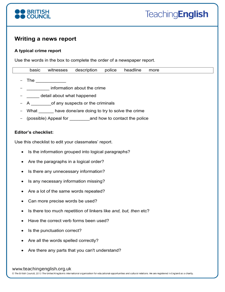 Writing a Crime News Report: Worksheet