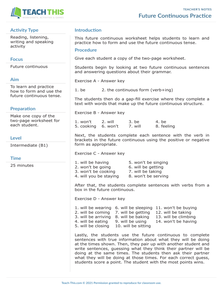 Future Continuous Tense Practice Worksheet
