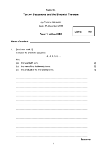 MAA SL Math Test: Sequences, Series & Binomial Theorem (Paper 1)