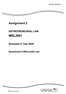 MRL2601 Entrepreneurial Law Assignment 2 (2025) - UNISA