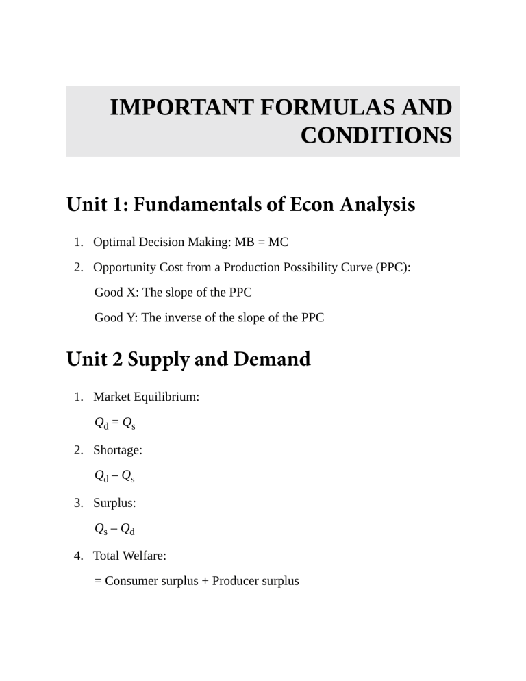 Economics Formulas & Conditions: Quick Reference Guide