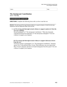 The Immigrant Contribution Questions | JFK Reading Worksheet