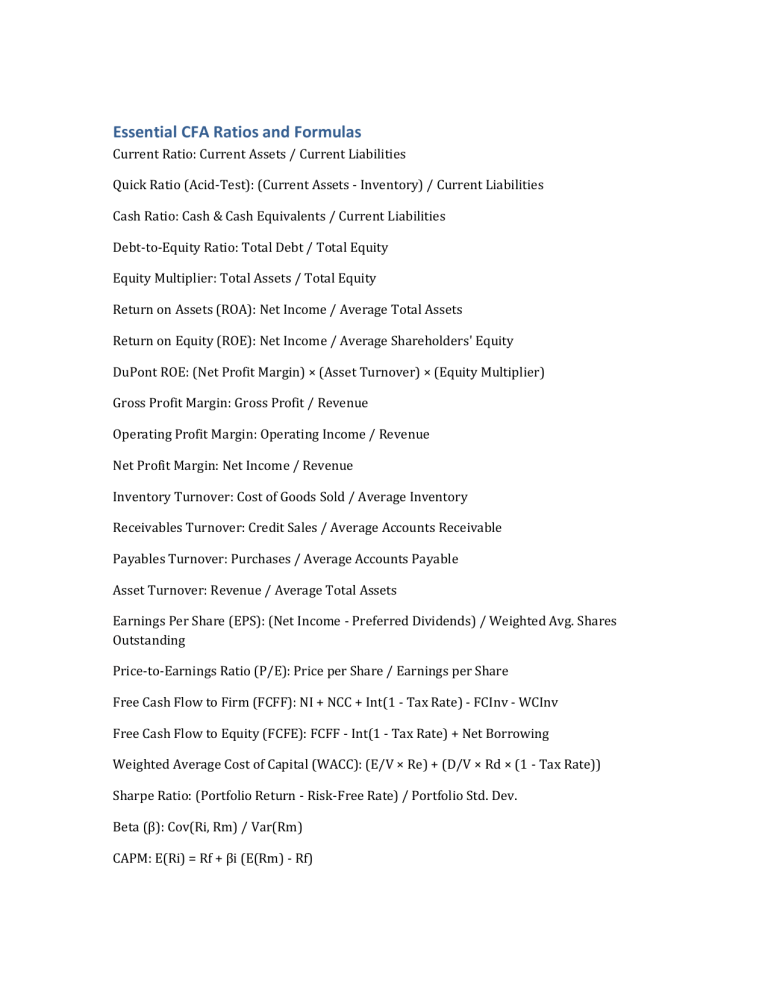 Essential CFA Ratios & Formulas Cheat Sheet
