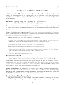 Math 201 Linear Algebra Syllabus - Fall 2023-24