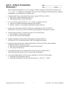 Uniform Acceleration Physics Worksheet - Kinematics Problems