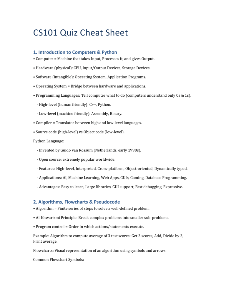 CS101 Quiz Cheat Sheet: Computers, Python, Algorithms & Flowcharts