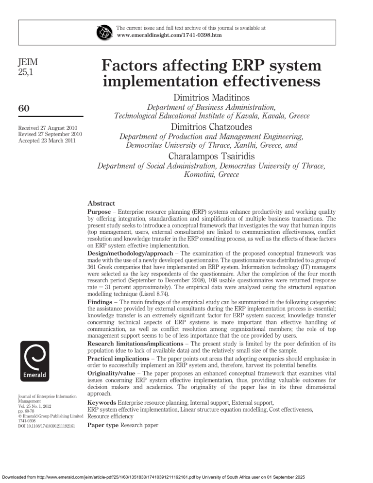 Factors Affecting ERP System Implementation Effectiveness: A Greek Study