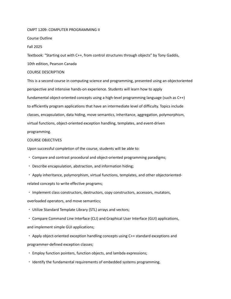 CMPT 1209: C++ Object-Oriented Programming Course Outline