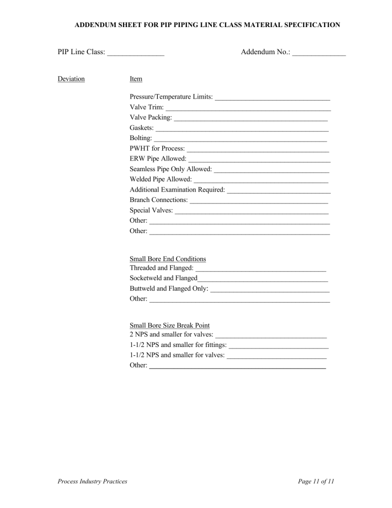 PIP Piping Line Class Material Specification Addendum Sheet
