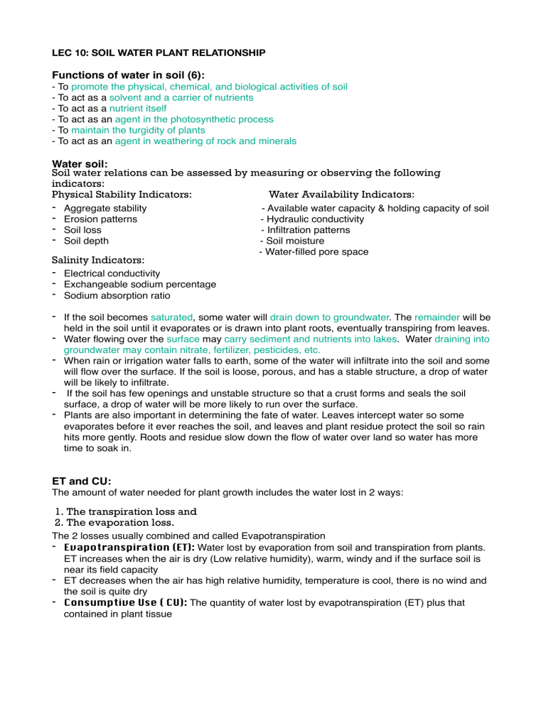 Soil Water Plant Relationship, Soil Fertility & Fertilizers - Lecture Notes