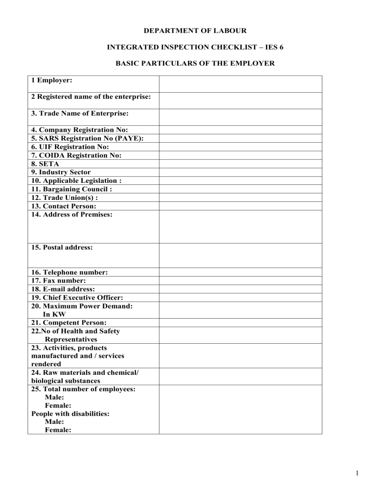 Department of Labour Integrated Inspection Checklist IES 6