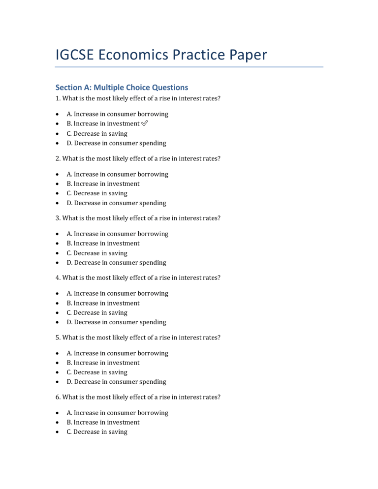 IGCSE Economics Practice Paper: Interest Rates & More