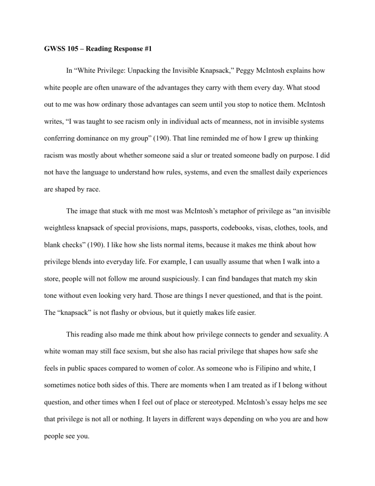 Gwss 105 Reading Response White Privilege Intersectionality
