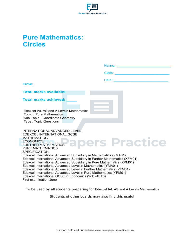 Circles: Coordinate Geometry Worksheet for A Levels