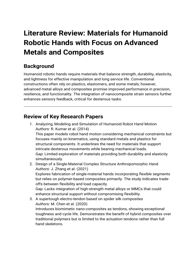 Robot Hand Material Materials for Humanoid Robotic Hands: Advanced Metals & Composites Review