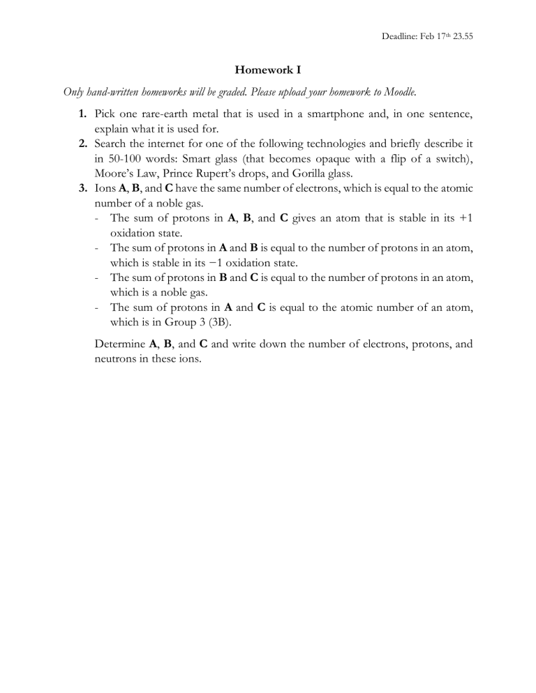 Chemistry & Materials Science Homework I: Ions, Rare Earths, Tech