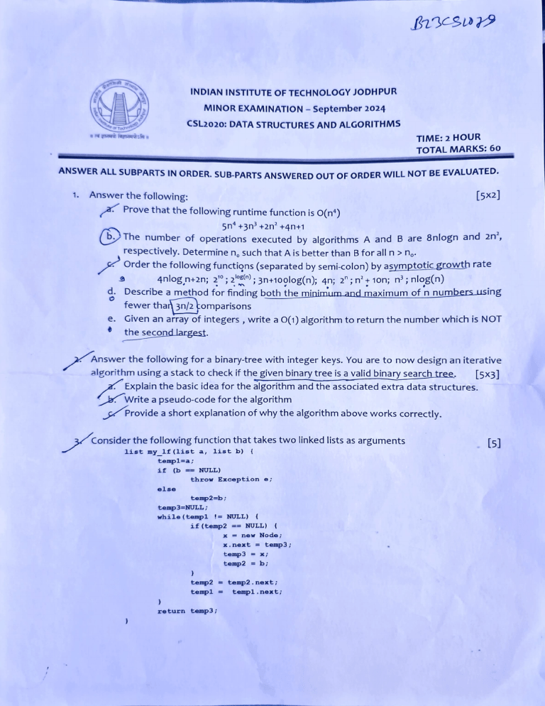 IIT Jodhpur CSL2020 Data Structures & Algorithms Minor Exam 2024