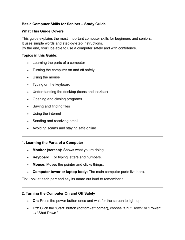 Basic Computer Skills for Seniors: Study Guide to Digital Literacy