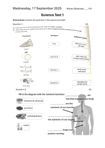 Science Test 1: Nutrition, Food Items, and Nutrient Functions