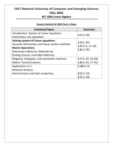 Linear Algebra MT-1004 Mid-Term 1 Exam Course Content - FALL 2025