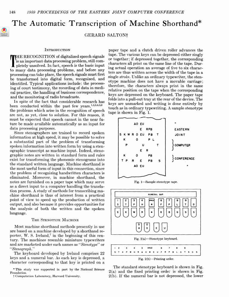 Automatic Transcription of Machine Shorthand: 1959 Computer Conference