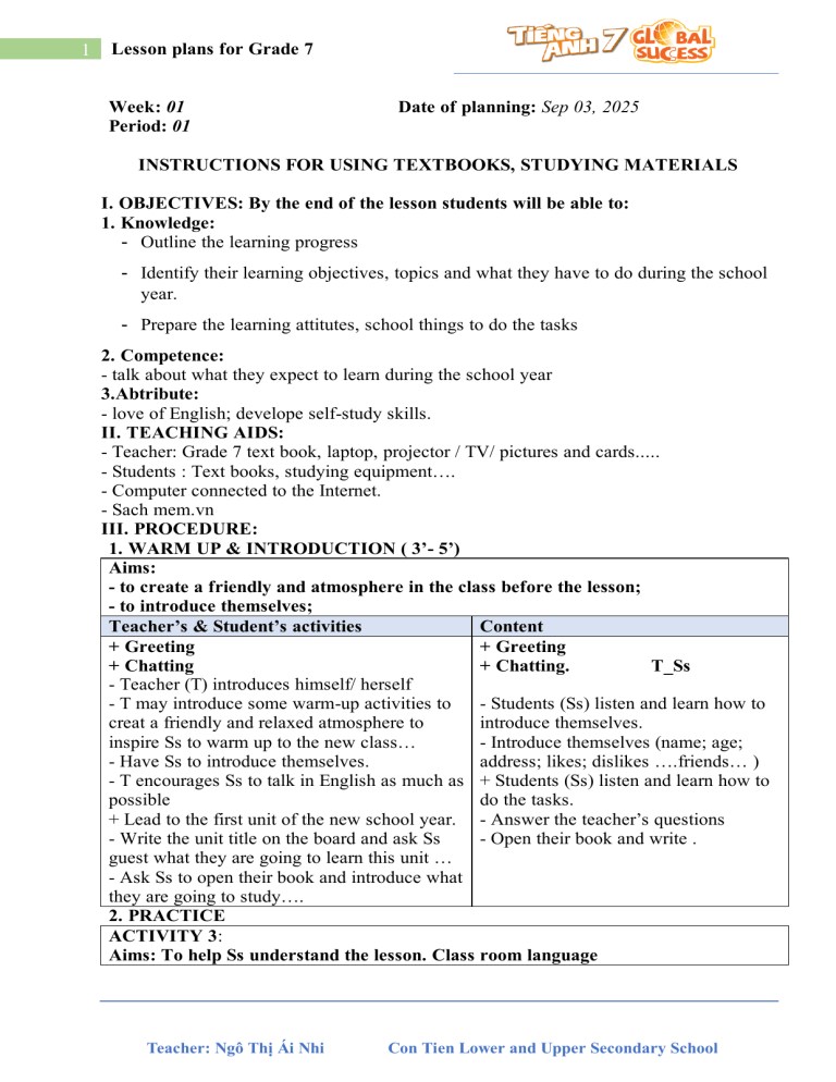 Grade 7 English Lesson Plans: Textbooks & Hobbies - Period 01 & 02