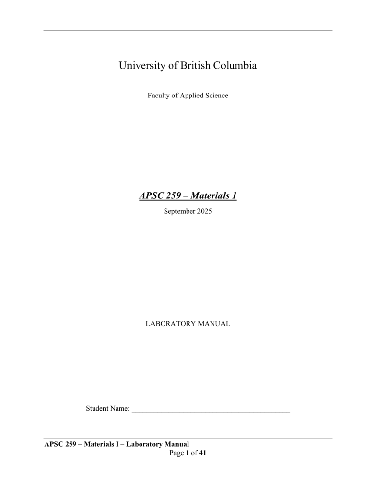 Lab Line 259 APSC 259 Materials I Lab Manual: Experiments & Safety