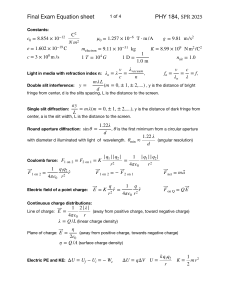 PHY 184 Physics Equation Sheet - SPR 2025