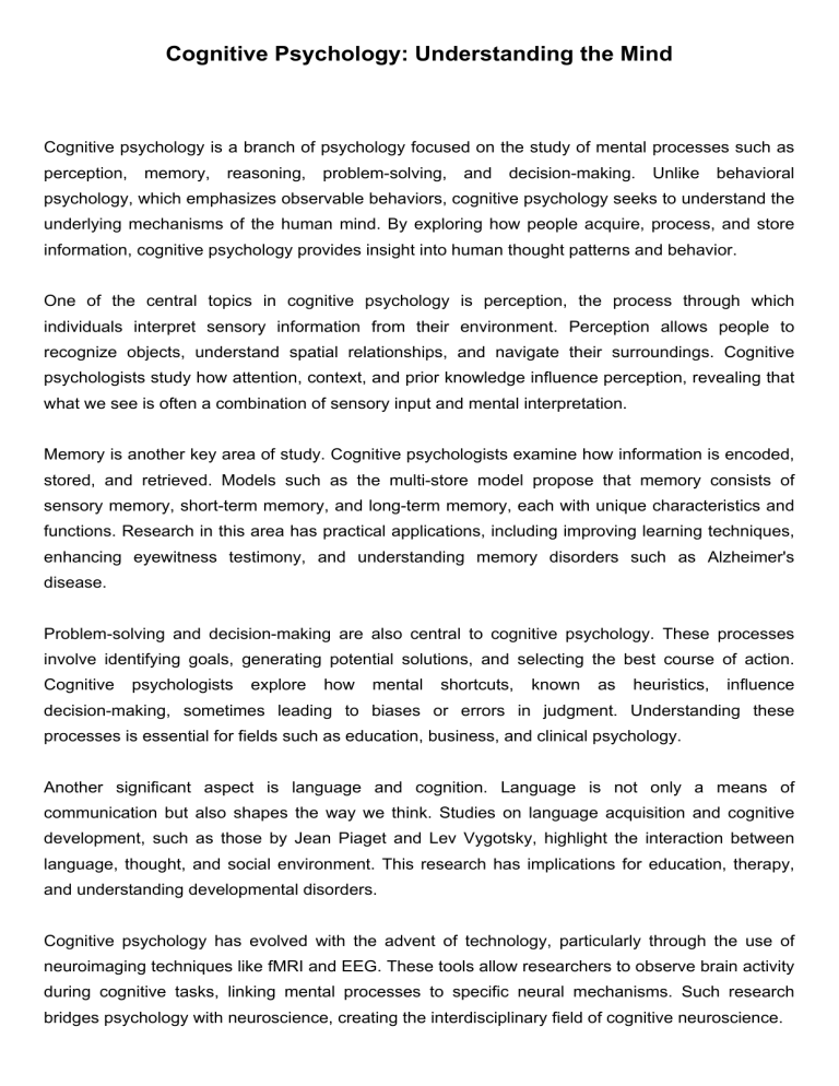 Cognitive Psychology Understanding the Mind