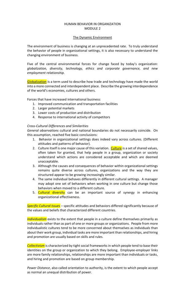 Human Behavior in Organization: The Dynamic Environment Module 2
