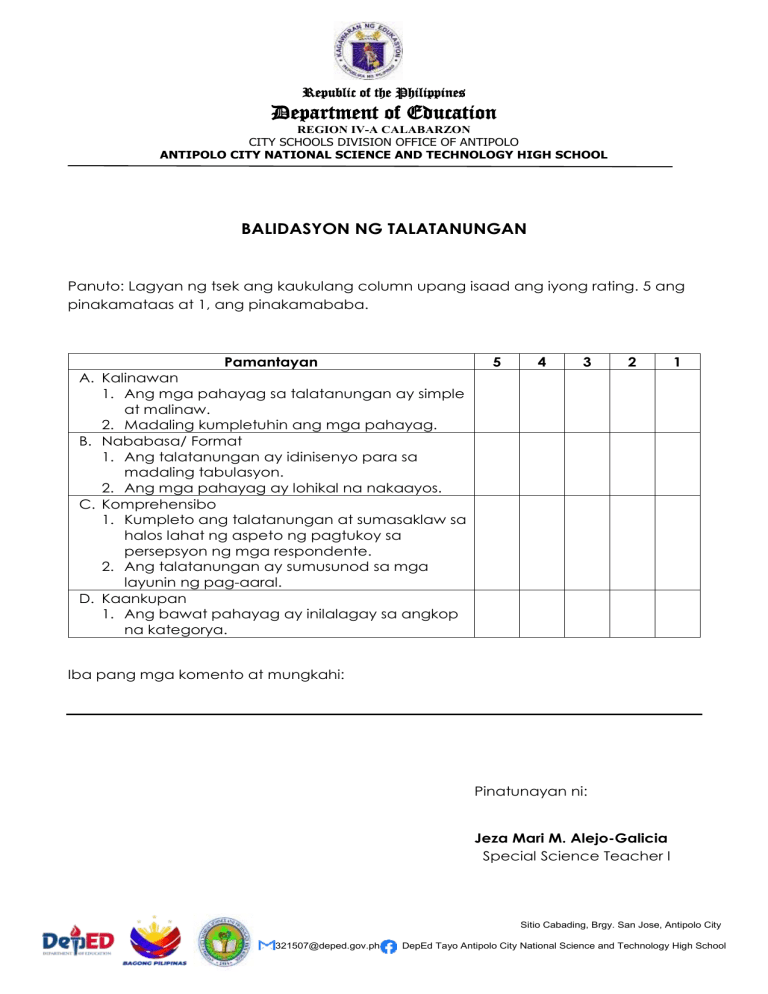 Questionnaire validation form high school research