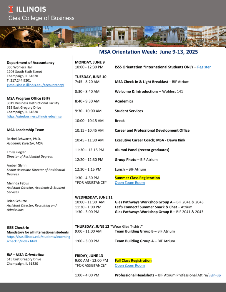 MSA Orientation Schedule - Gies College of Business