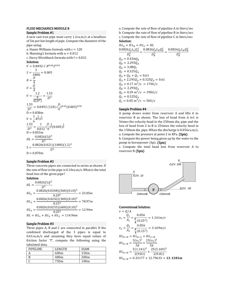 Fluid Mechanics Sample Problems: Pipe Flow & Head Loss