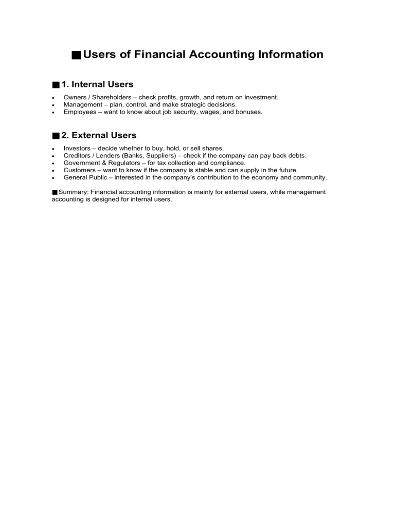 Users of Financial Accounting Information: Internal & External