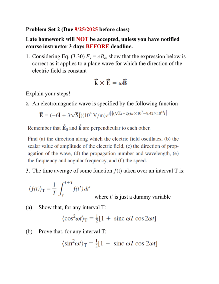 Electromagnetism Problem Set: Plane Waves & Optics