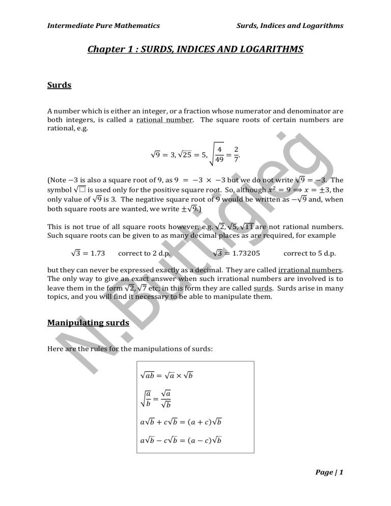 Intermediate Pure Mathematics: Surds, Indices, and Logarithms