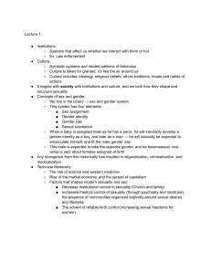 Lecture 1: Institutions, Culture, Sex, Gender & Modern Sexuality