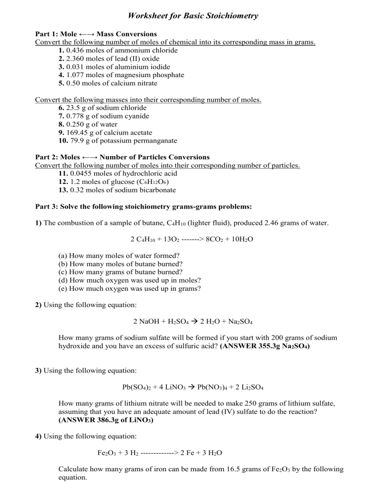 Stoichiometry Worksheet: Mole Conversions & Grams Problems