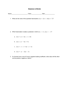 Quadratic Functions Review Worksheet - Sequence 1.2 Algebra