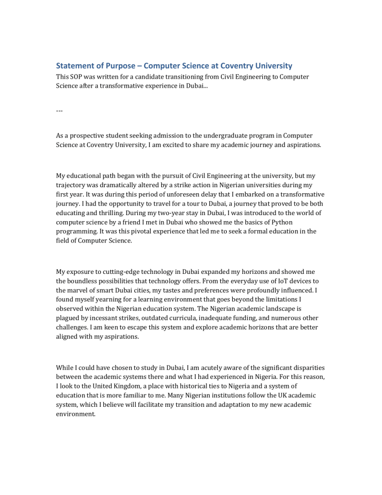 Computer Science Statement of Purpose - Coventry University