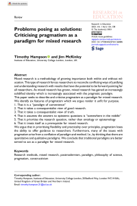 Critique of Pragmatism as a Paradigm for Mixed Research in Education