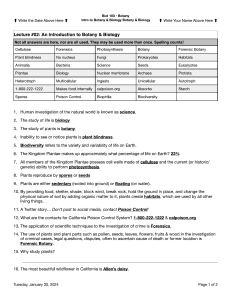 Botany & Biology Introduction: Lecture Notes