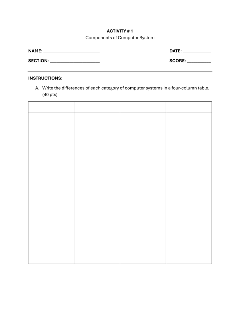 Computer System Components Activity Sheet