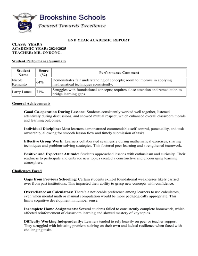 Year 8 Academic Report 2024/2025: Student Performance & Recommendations