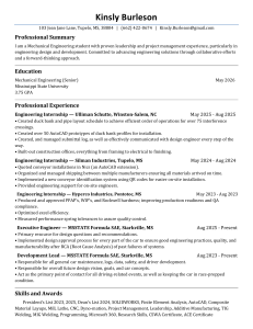 Kinsly Burleson - Mechanical Engineering Student Resume