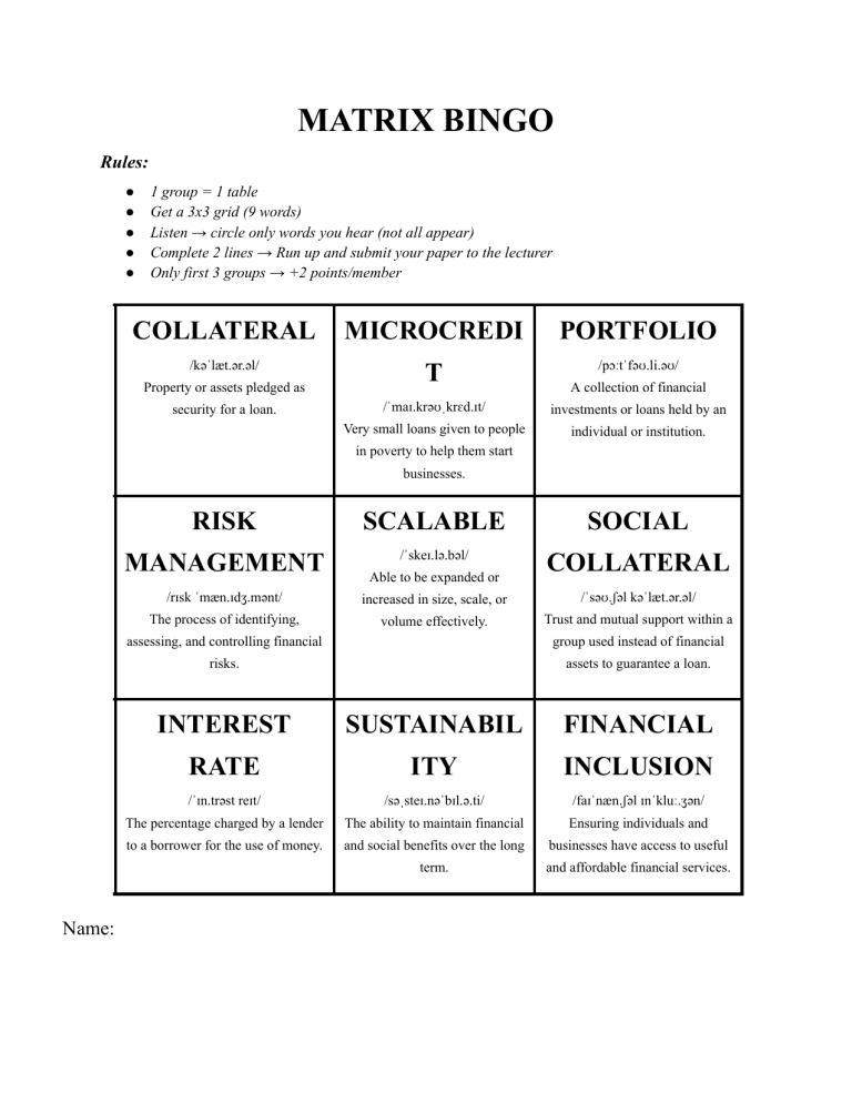 Matrix Bingo: Financial Terms Game Rules