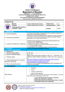 Grade 10 Math Lesson Plan: Synthetic Division of Polynomials