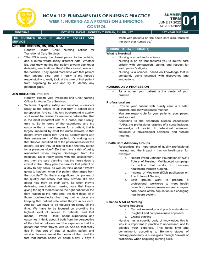 Fundamentals of Nursing Practice: Profession & Infection Control